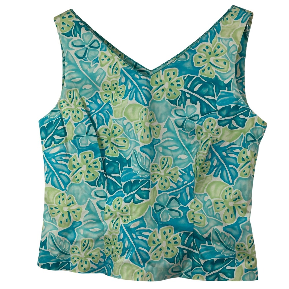 Island Republic Womens Tropical Monstera Floral V-Neck Sleeveless Blouse Teal 10